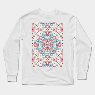 Pastel Blue, Pink & Red Watercolor Floral Pattern on Cream Long Sleeve T-Shirt